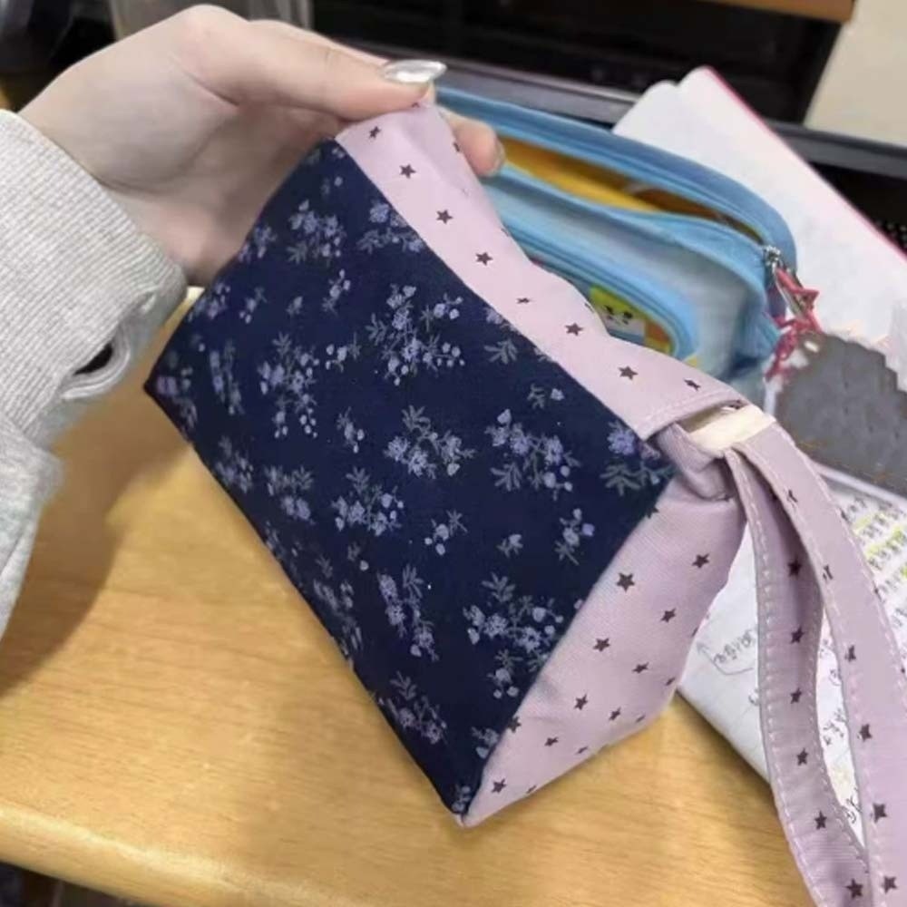 Lifestyle In Korean - パープルプリント花柄メイクアップバッグスター水玉模様ソフトコットン化粧ポーチ大容量韓国風小銭入れ寮生活