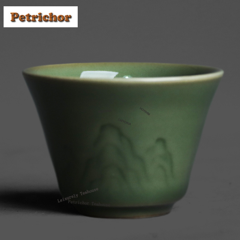 Celadon Ceramic Cup - 50ml越窯青磁レリーフティーカップレトロ茶碗セットカップティーテイスティング瞑想カップ建盏マスターカップ家庭用カフェ用