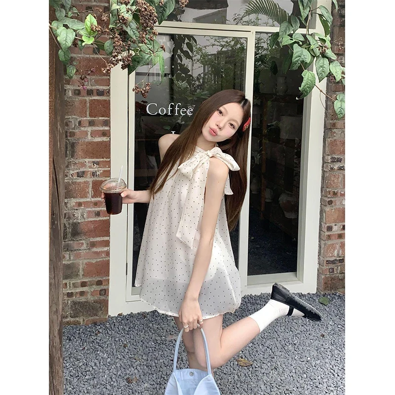 Korean Lifestyle - Mexzt-女性のための甘いドットプリントブラウス、エレガントな弓の包帯ブラウス、ヴィンテージホルタートップス、ノースリーブのカジュアルウェア、夏、韓国、新しい