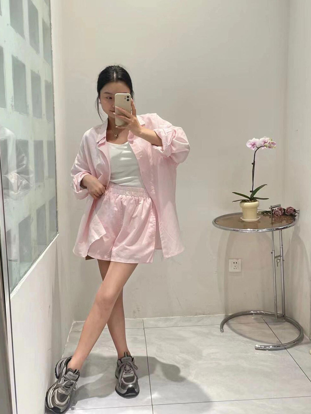 韓国風スイートピンク長袖シャツとハイウエストワイドレッグショ - Korean Lifestyle のレビューと価格