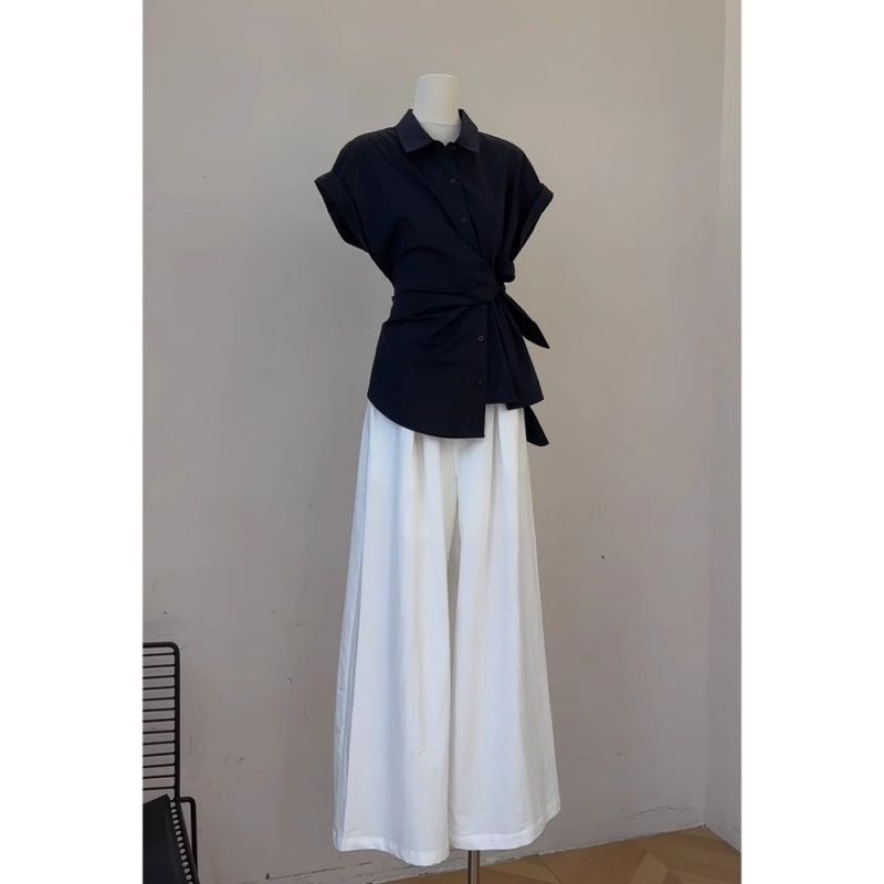 女性の夏黒包帯蝶結びシャツ白ワイドレッグパンツ 2 点セット - Korean Lifestyle のレビューと価格