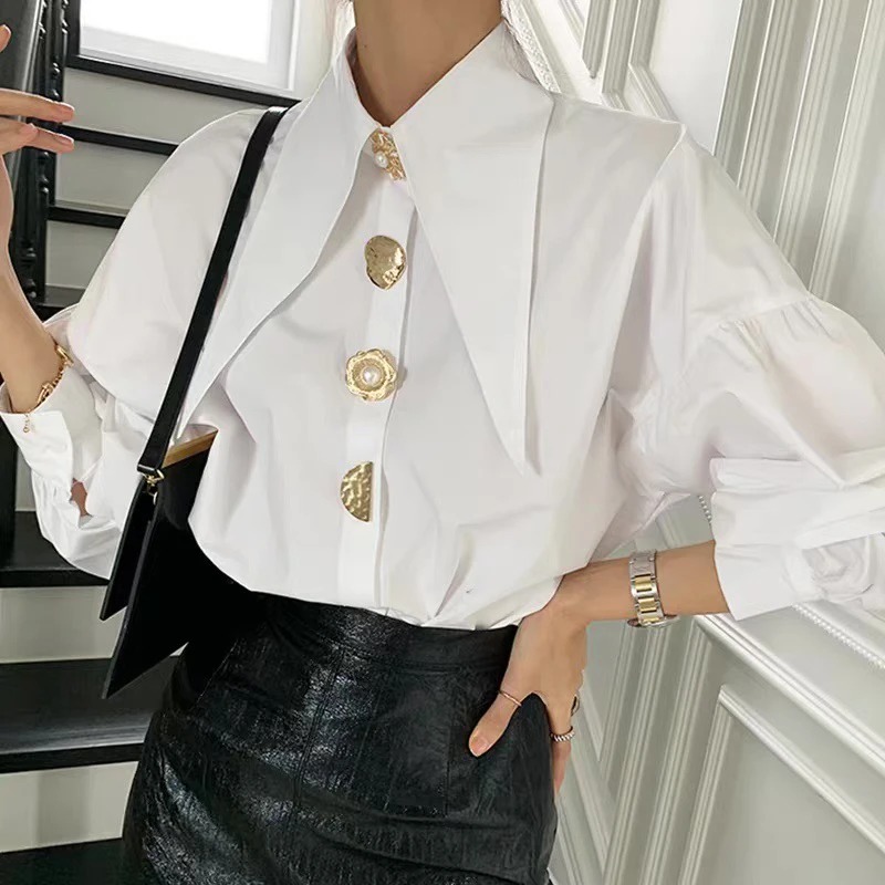女性のためのエレガントな白い真珠のシャツ,長袖,韓国のブラウ - Korean Lifestyle のレビューと価格