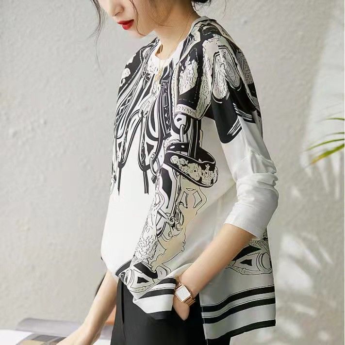 女性用ドレープ効果のあるシルクトップ、レトロなプリントのルー - Korean Lifestyle のレビューと価格